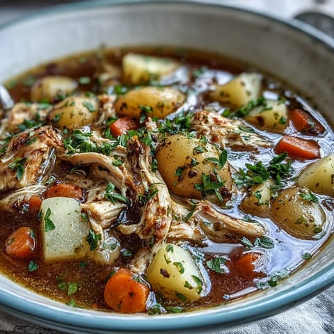 Creamy slow cooker chicken pot pie soup with tender chicken, potatoes, and vegetables in a rich, comforting broth.