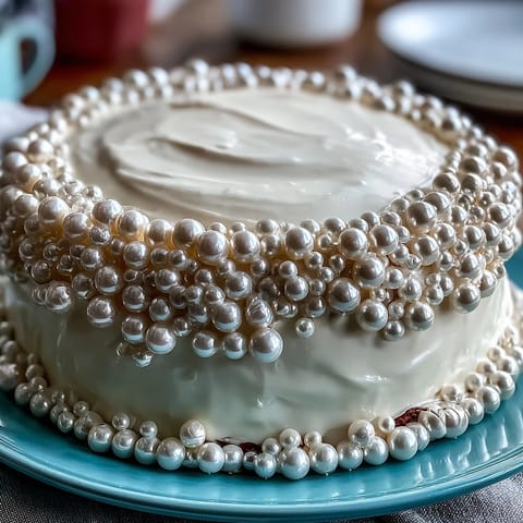 Elegant Communion cake with shimmering pearl fondant and edible pearls, ideal for a religious gathering.