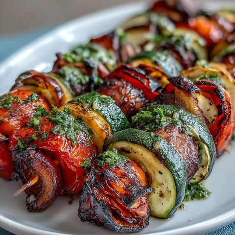 Vibrant summer grilled veggie skewers with chimichurri sauce, featuring colorful bell peppers, zucchini, and mushrooms.  
