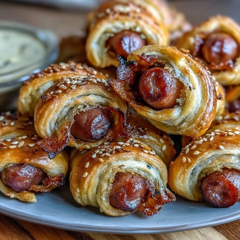 Golden, flaky crescent-wrapped cocktail sausages ready for dipping in tangy honey mustard sauce, perfect for parties.