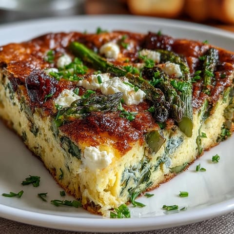 Spring Brunch Frittata with Asparagus and Goat Cheese: golden baked eggs with tender asparagus and creamy goat cheese, fresh herbs adding aroma.