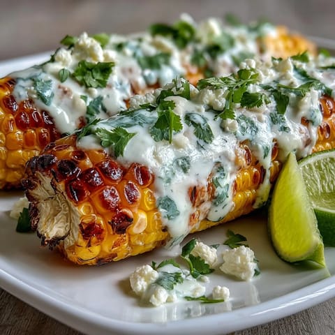 A plate of elote-style microwave corn on the cob, slathered in creamy sauce and topped with crumbled Cotija cheese and chili powder.