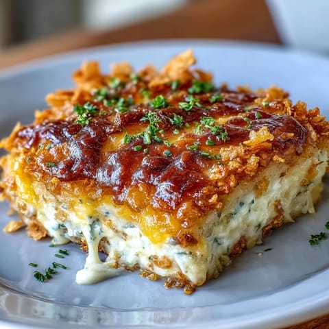 Cheesy hash brown casserole with golden crispy topping, baked to bubbly perfection for a comforting Easter side dish.