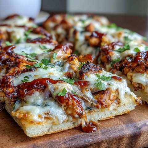 Grilled BBQ chicken flatbread pizza topped with red onion, jalapeño, and a drizzle of tangy barbecue sauce for bold flavor.  
