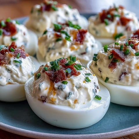 Spicy jalapeño popper deviled eggs with creamy cheese filling and crispy bacon, perfect for parties.