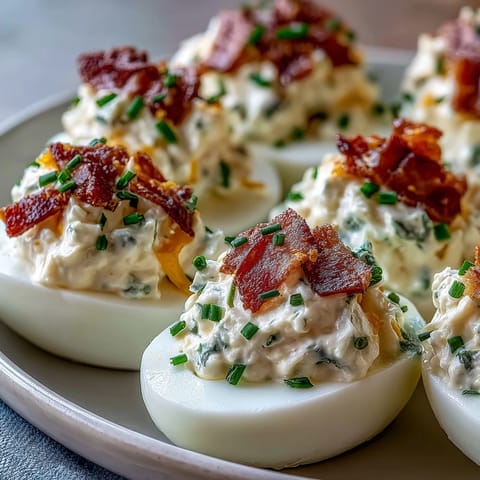 Creamy jalapeño popper deviled eggs topped with fresh jalapeño and bacon for a zesty appetizer.
