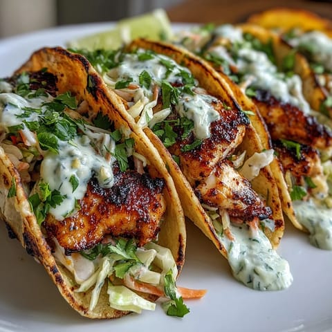 Grilled fish tacos with coconut lime marinade, topped with crunchy cabbage slaw and creamy coconut lime crema in warm tortillas.  