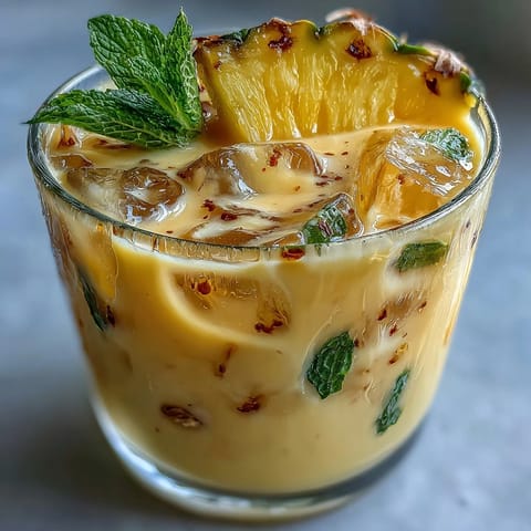 Tropical pineapple coconut agua fresca served in chilled glasses with fresh mint and lime slices for a vibrant, cooling drink.