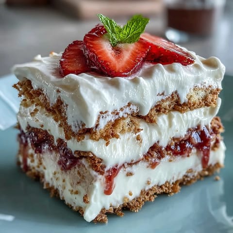 Festive Memorial Day icebox cake with layers of whipped cream, graham crackers, and fresh strawberries.