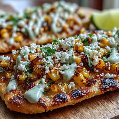 Cinco de Mayo Street Corn Flatbread with Jalapeño Crema, topped with charred corn, cotija cheese, and zesty jalapeño crema.  