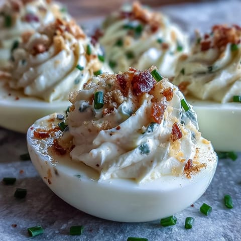 Creamy deviled eggs with tangy cream cheese and bold everything bagel seasoning, perfect for brunch or parties.  