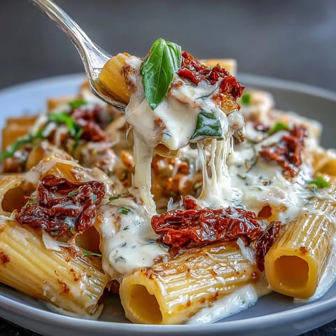Creamy Marry Me Pasta with sun-dried tomatoes, garlic, and parmesan in a rich sauce, garnished with fresh basil and extra cheese.