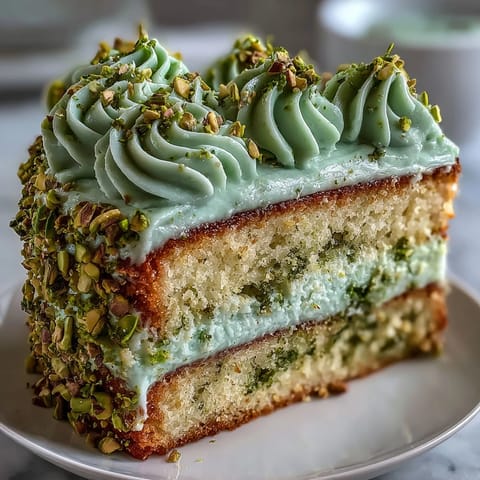 Layered lemon pistachio cake with zesty sponge and creamy frosting, decorated with chopped pistachios and lemon zest for a festive spring birthday dessert.