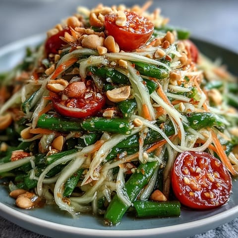 Crisp Som Tam salad featuring green papaya, peanuts, and zesty lime dressing.