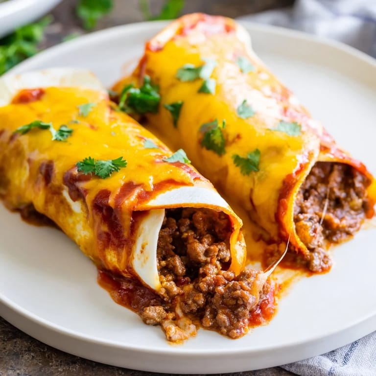 A close-up of oven-baked Beef Enchiladas, showcasing the savory beef filling and cheese.