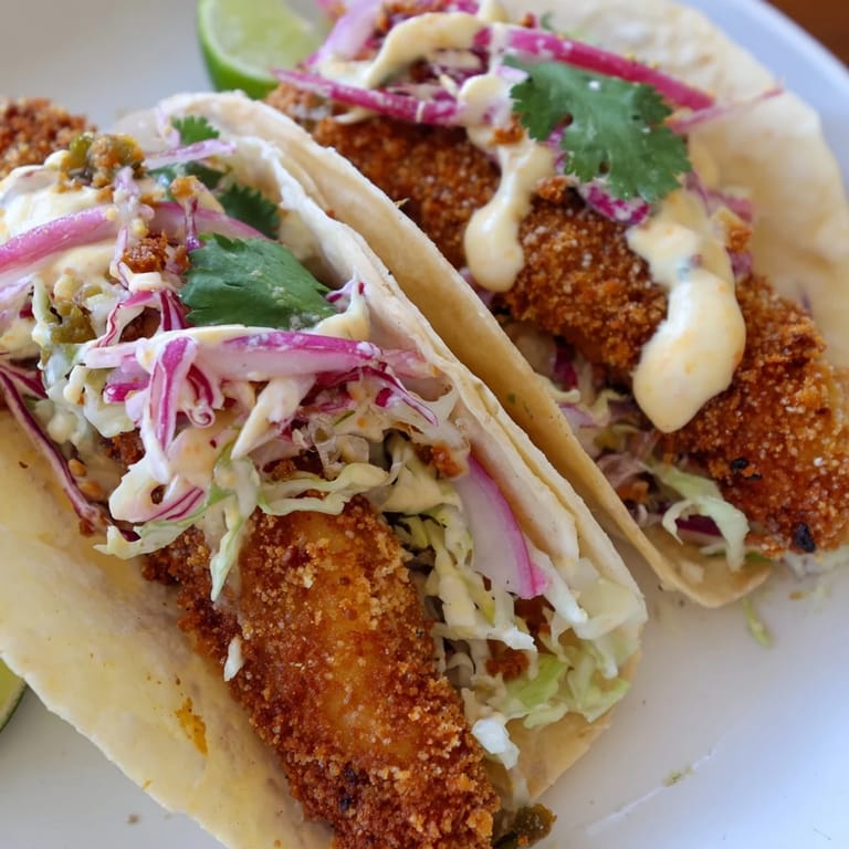 A close-up of delicious fish tacos, showcasing flaky white fish and vibrant toppings, ideal for dinner.