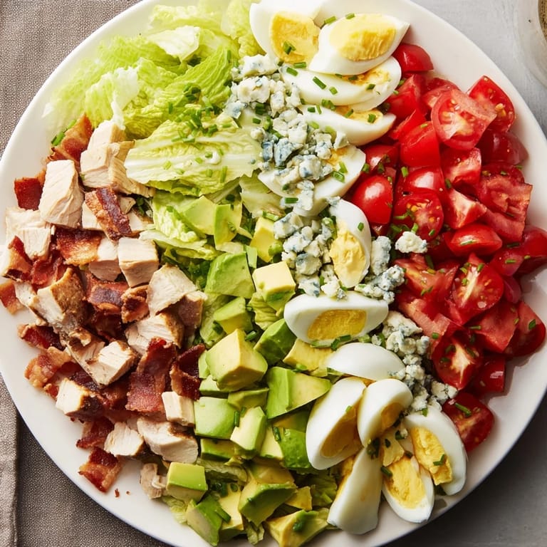 This beautiful Cobb salad features layers of crisp romaine, juicy tomatoes, and a flavorful vinaigrette dressing.