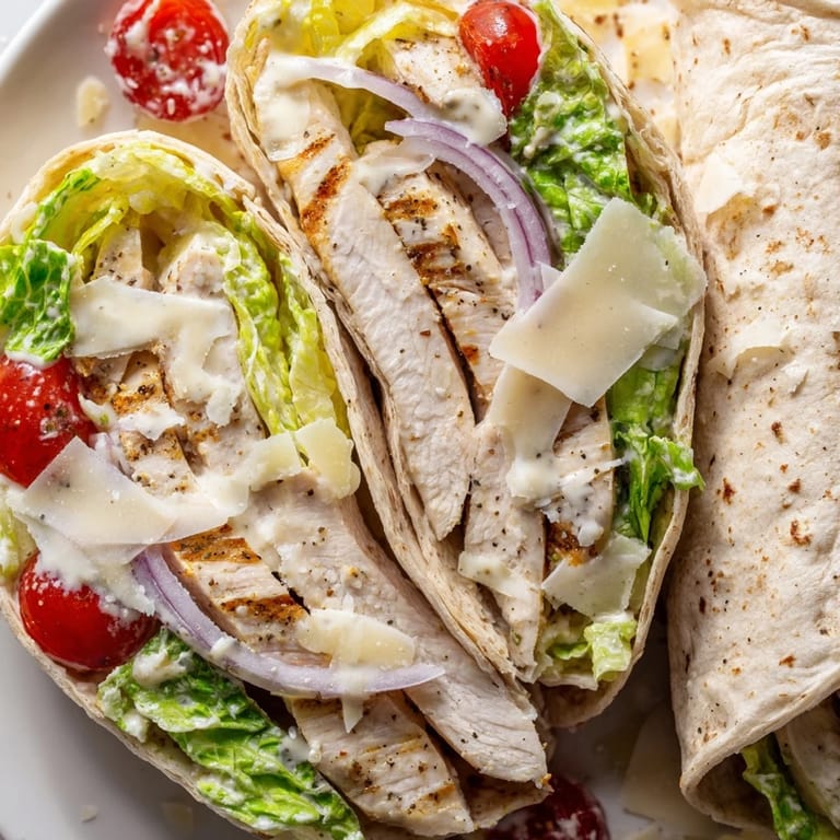 A close-up of a Chicken Caesar Wrap, with visible layers of creamy dressing and fresh ingredients.