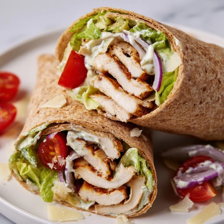 The delicious, fresh Chicken Caesar Wrap, ready to eat, bursting with savory flavors in every bite.