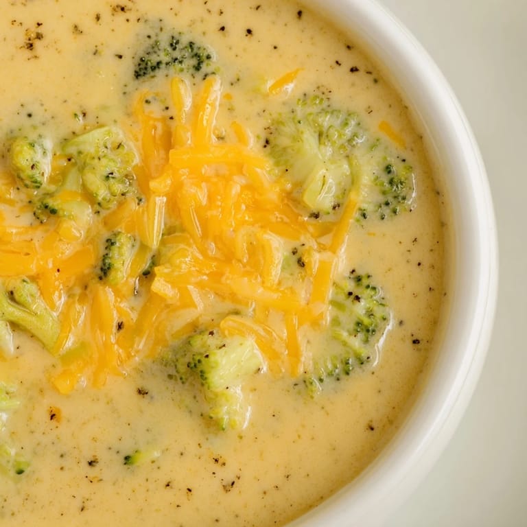 A close-up shot of rich and vibrant Broccoli Cheese Soup, ready to be served hot.