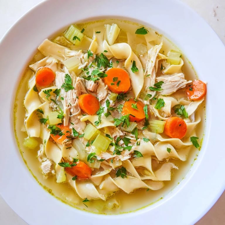 Close-up of a warm, comforting bowl of Chicken Noodle Soup with shredded chicken and soft noodles.