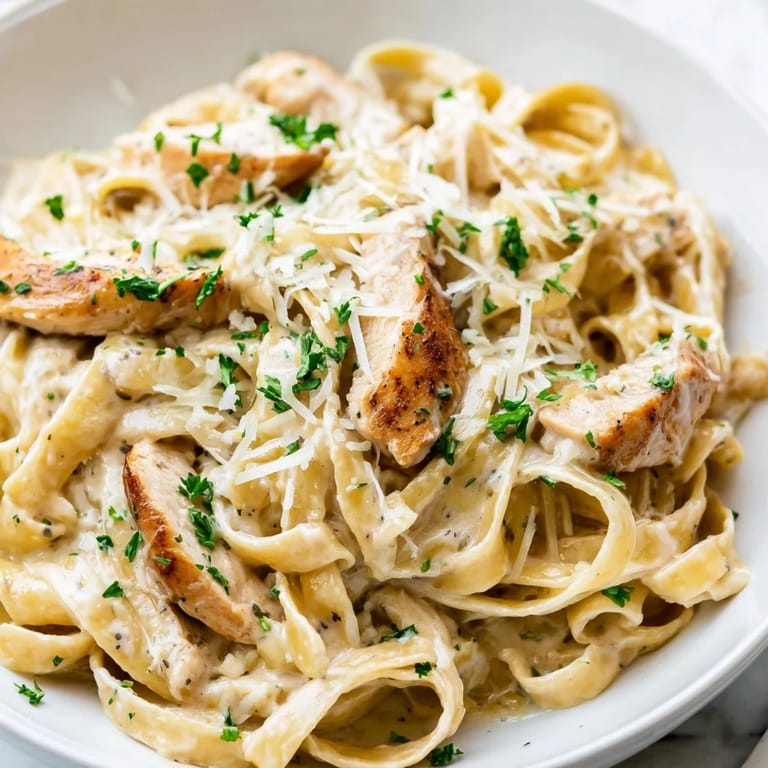Delicious fettuccine Alfredo, featuring tender chicken atop a glossy, decadent, cheesy pasta dish.