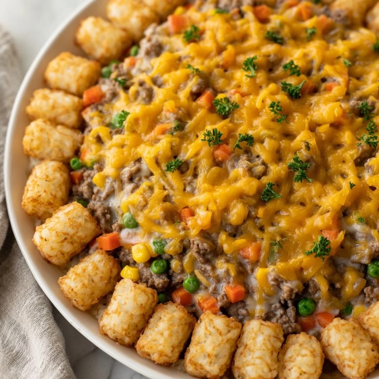 A bubbling baking dish of classic Tater Tot Casserole, topped with crispy potatoes and melted cheese.