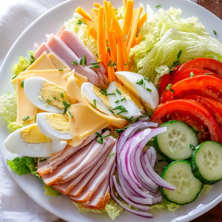 A vibrant, layered Chef Salad with ham, turkey, and cheese, ready and refreshing on a sunny day.