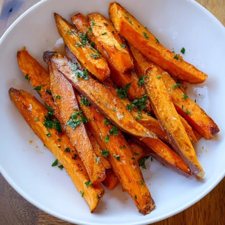 Oven-baked sweet potato fries, with parsley garnish, ready to be served hot with aioli.