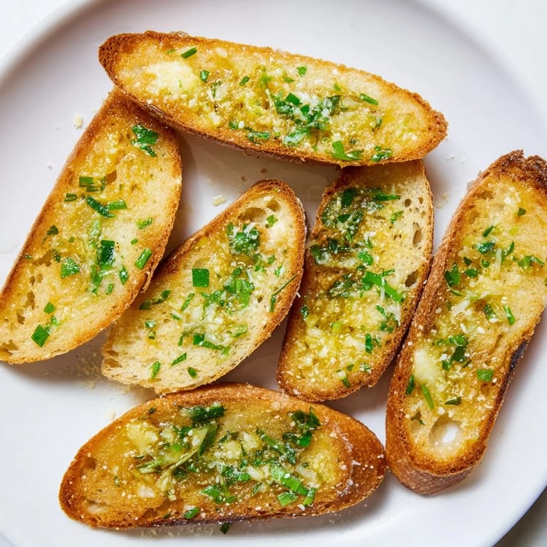 Warm and savory garlic bread, perfect crusty slices, toasted to a beautiful golden brown color.