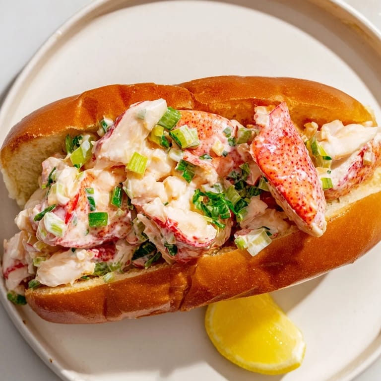 Perfectly constructed New England lobster roll, showcasing the creamy lobster filling and toasted bun.
