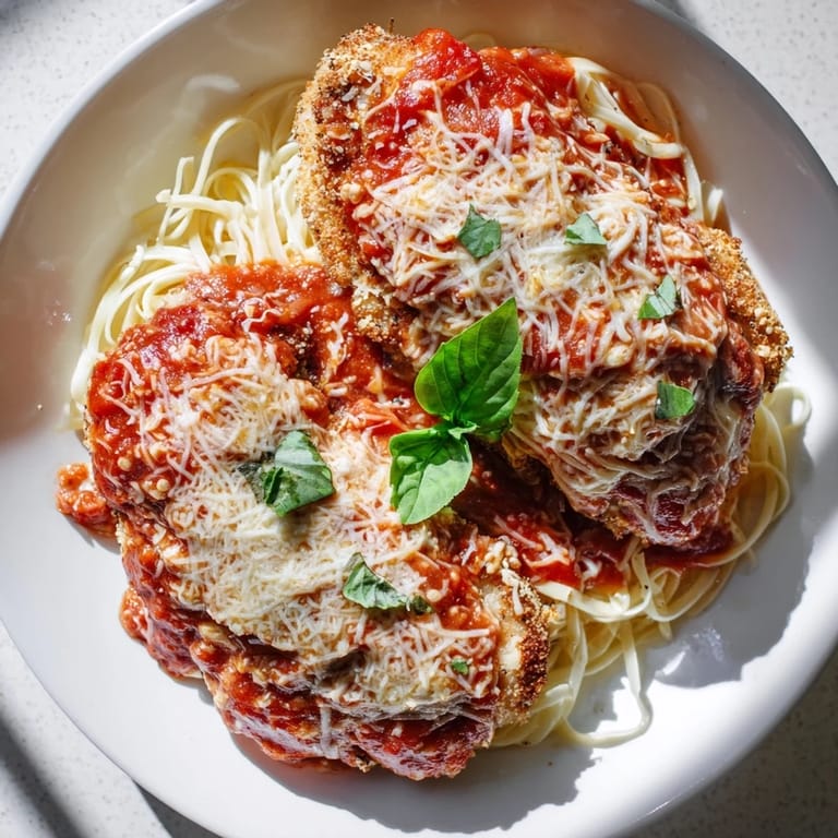 A close-up of a delicious Chicken Parmesan dish, pasta included, garnished with fresh basil.