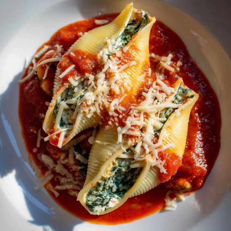 A close-up shot of hot, delicious stuffed shells, showcasing creamy ricotta and melted mozzarella cheese topping.