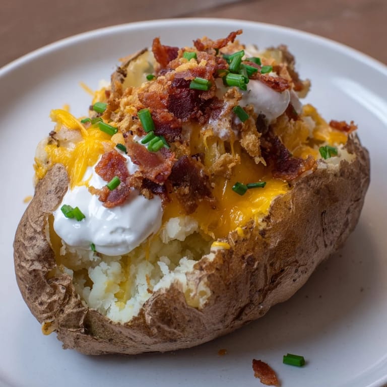 A close-up of a loaded baked potato overflowing with tempting, savory toppings and fresh chives.