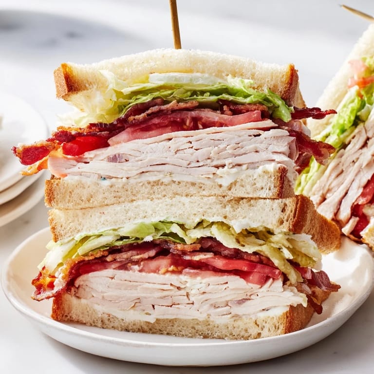 Mouthwatering close-up of a perfectly constructed Turkey Club Sandwich, ready to be enjoyed immediately.
