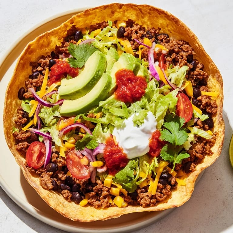 Savory taco salad with layers of seasoned ground beef, cheese, and vibrant salsa inside a crisp tortilla shell.