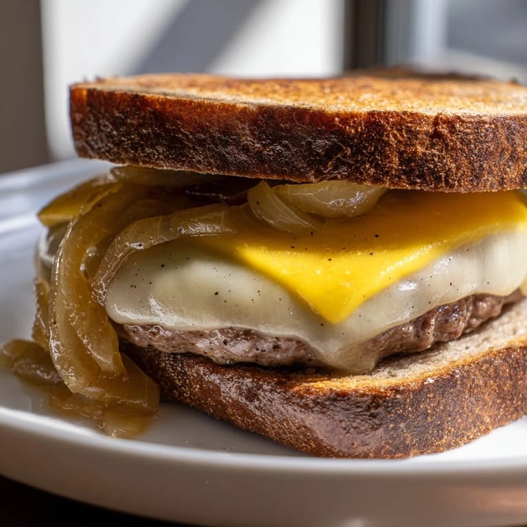 Golden, buttery rye bread surrounds a perfectly cooked patty melt, ready to be devoured.
