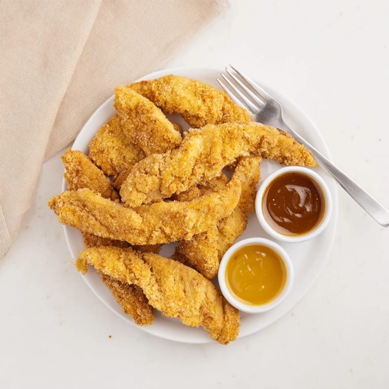 Close-up of freshly fried Chicken Tenders, perfectly seasoned and ideal for dipping.