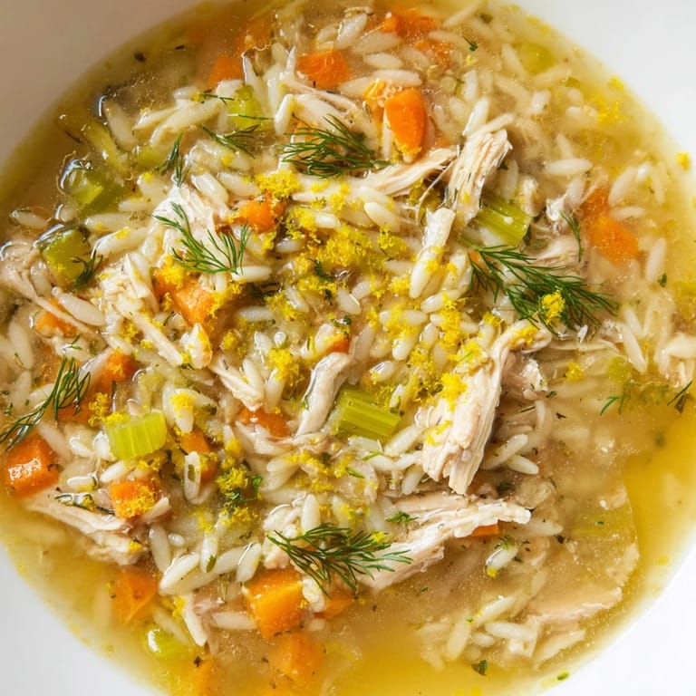 Tender chicken and orzo pasta swim in a golden, lemon-infused broth with diced carrots and celery in a rustic bowl.