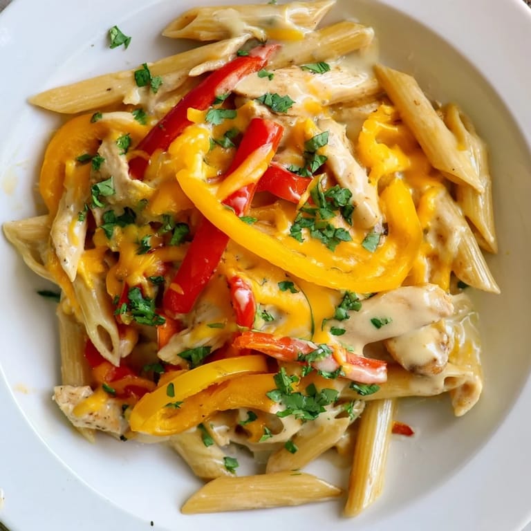 A one-pan Chicken Fajita Pasta Skillet with sautéed red, yellow, and green bell peppers, onions, and tender chicken strips simmered in zesty fajita spices and topped with melted cheese.