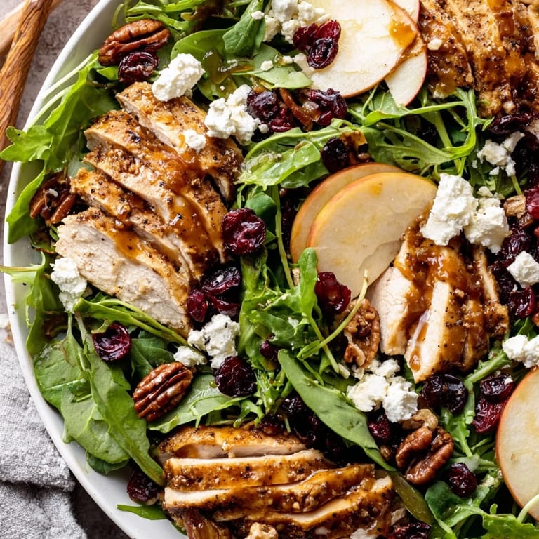 A rustic platter of Caramel Apple Chicken Salad showcases crisp red onion, candied pecans, and drizzled caramel-pecan dressing, ready for a cozy autumn main course.