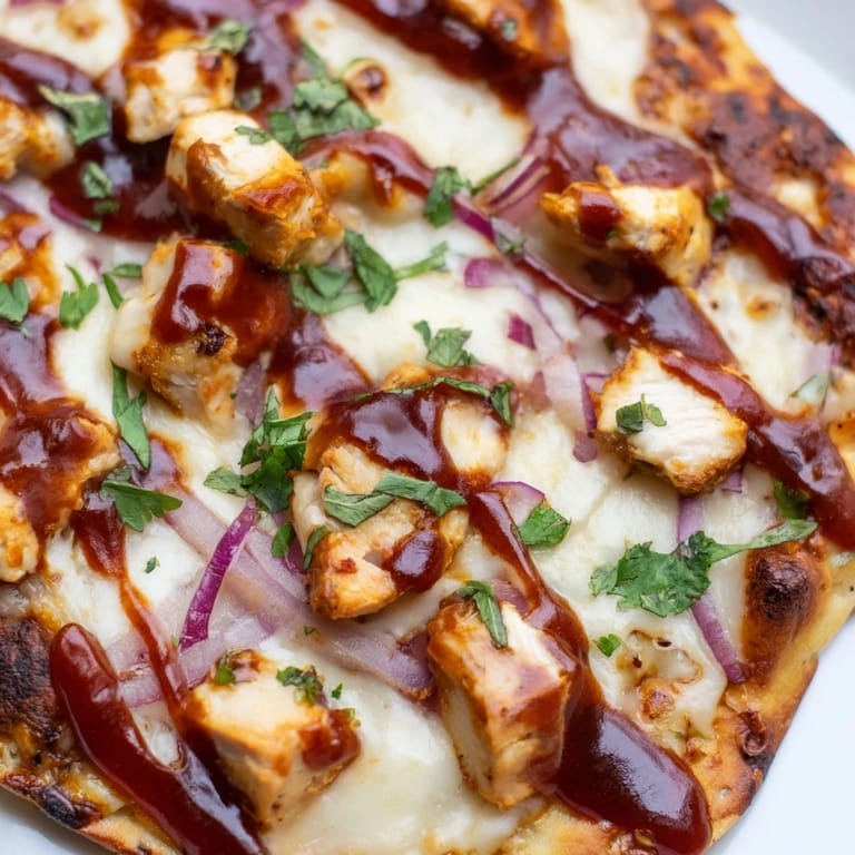 Freshly baked BBQ Chicken Flatbread on a wooden board, topped with gooey cheese, tender chicken, sliced onions, and a final drizzle of barbecue sauce.