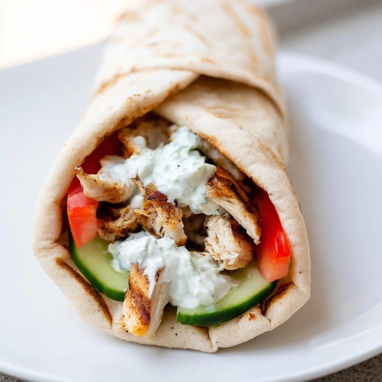 Overhead view of a Greek Chicken Wrap split open to reveal layers of tender marinated chicken, diced tomatoes, cucumber, and red onion with a dollop of tzatziki.