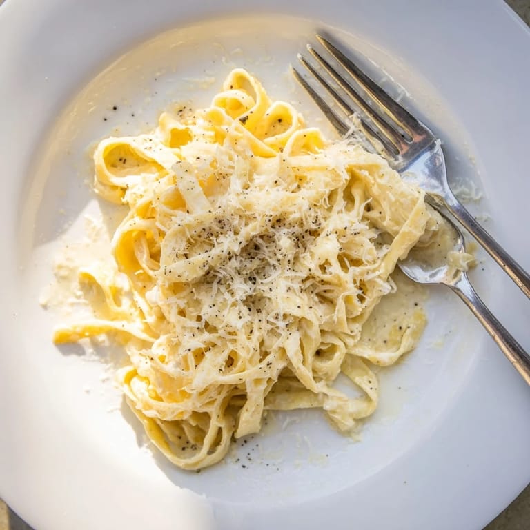 This vegetarian Roasted Garlic Cream Pasta features silky al dente noodles and a golden sauce garnished with freshly grated Parmesan on a rustic plate.  