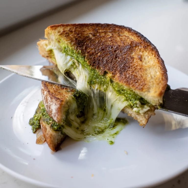 Fresh spinach pesto blends with sharp cheddar and mozzarella inside crispy, buttery sourdough bread slices.