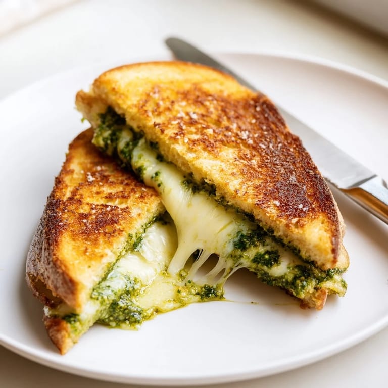 Served cut on a wooden board, this Spinach Pesto Grilled Cheese offers a gooey, savory bite.