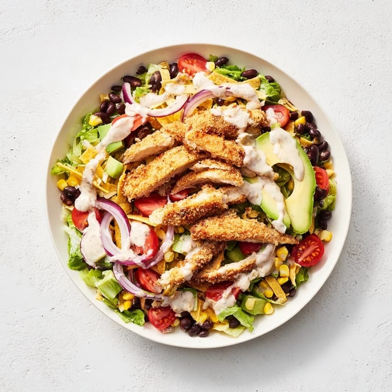 Fresh Crispy Chicken Taco Salad topped with juicy fried chicken, cherry tomatoes, red onion, and zesty salsa ranch dressing ready to serve.