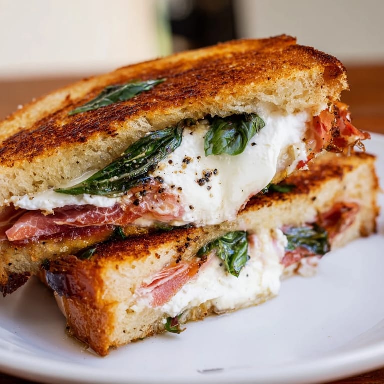 A close-up of the Crispy Prosciutto & Burrata Grilled Cheese, with basil leaves and oozing cheese.