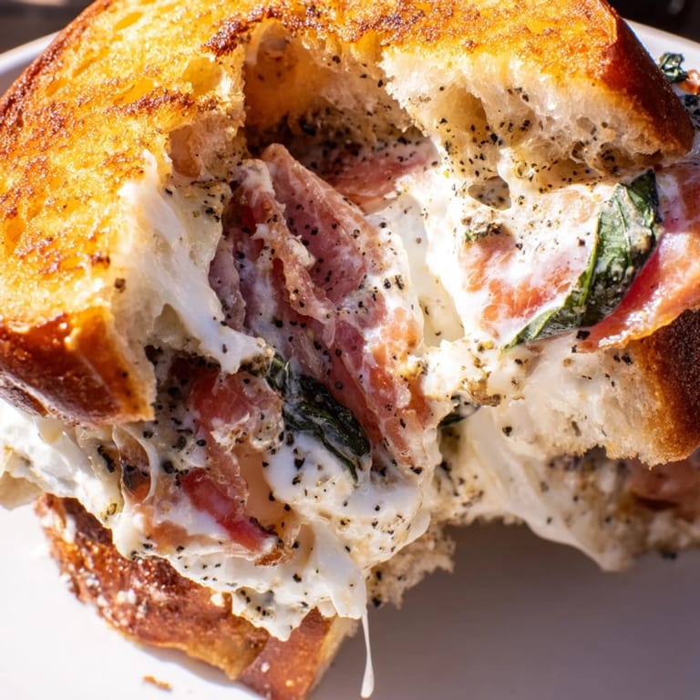 A rustic skillet holds the golden-brown Crispy Prosciutto & Burrata Grilled Cheese, sliced to reveal its filling.