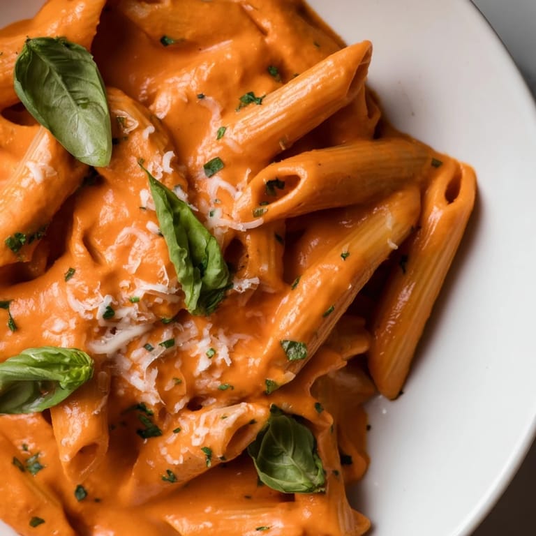 A skillet of Creamy Roasted Red Pepper Pasta on a rustic table, steam rising from the velvety sauce.